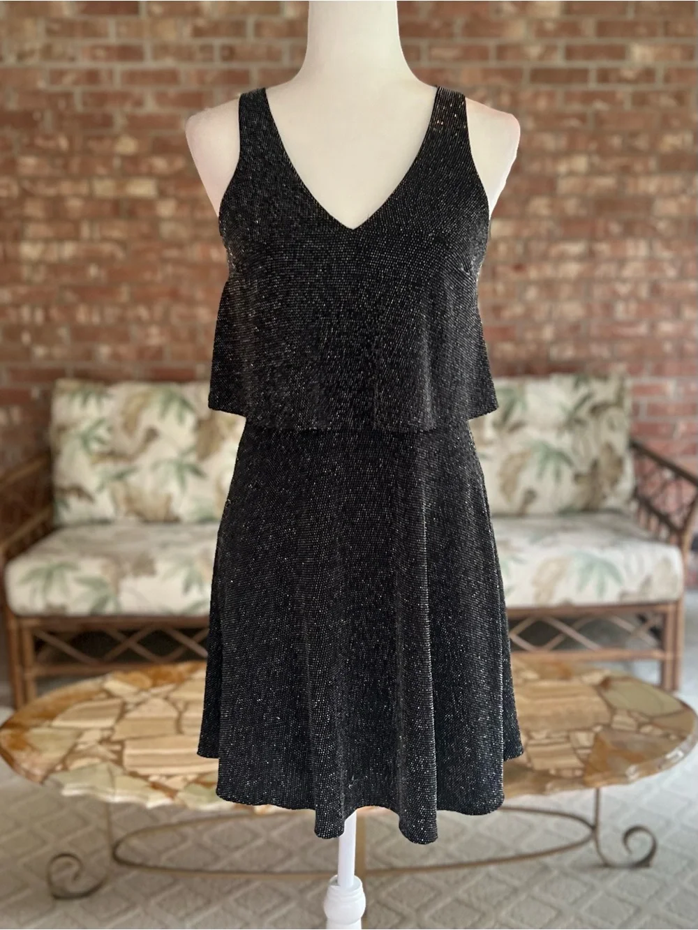 Express Black Silver Metallic Shimmer Layered Knit Mini Dress S Cocktail LBD